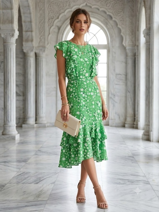 Tommy Hilfiger Dresses & Skirts - Tommy Hilfiger Green Floral Ruffle Midi Dress